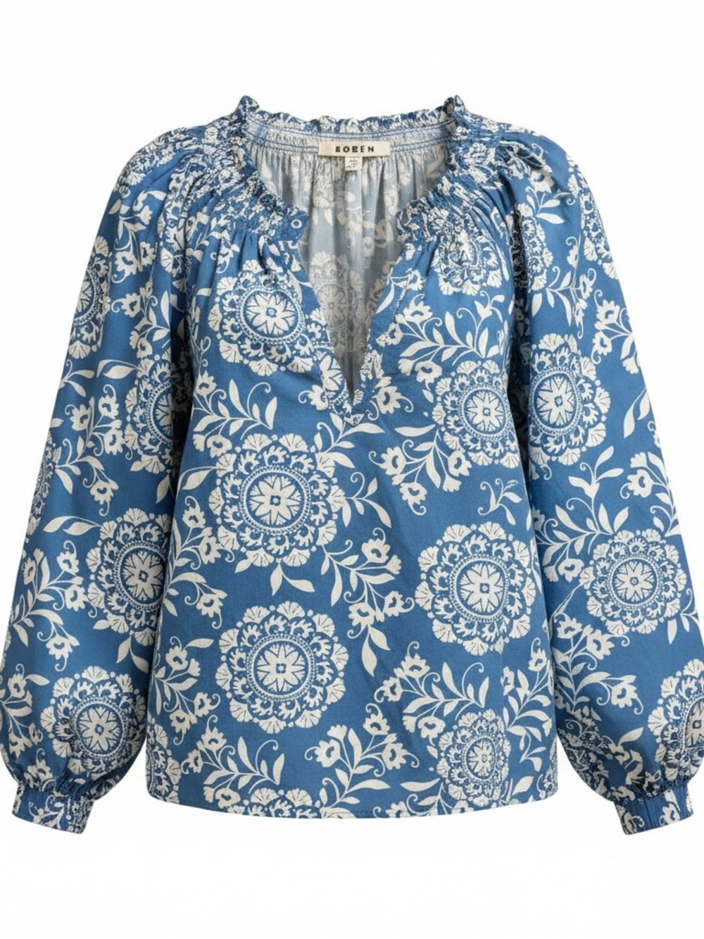Boden Serena Pleat Neck Boho Blouse Blue Floral Medallion Peasant Top Size 14